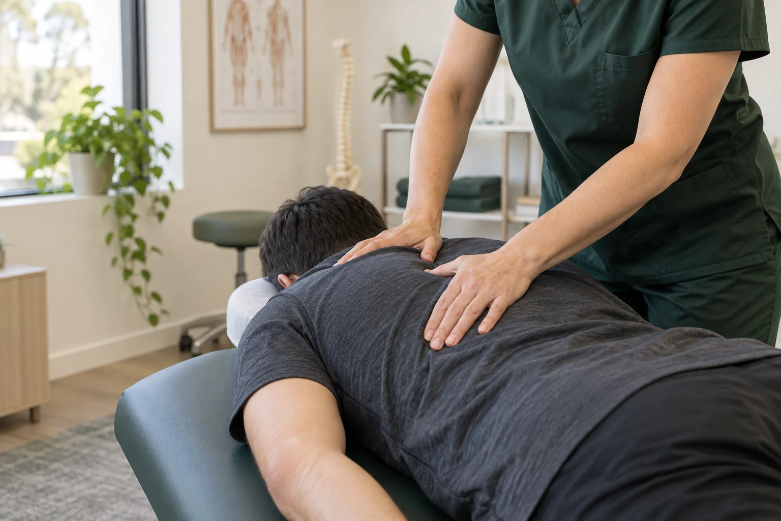 Remedial therapist treating a fully clothed client in a bright modern allied-health clinic