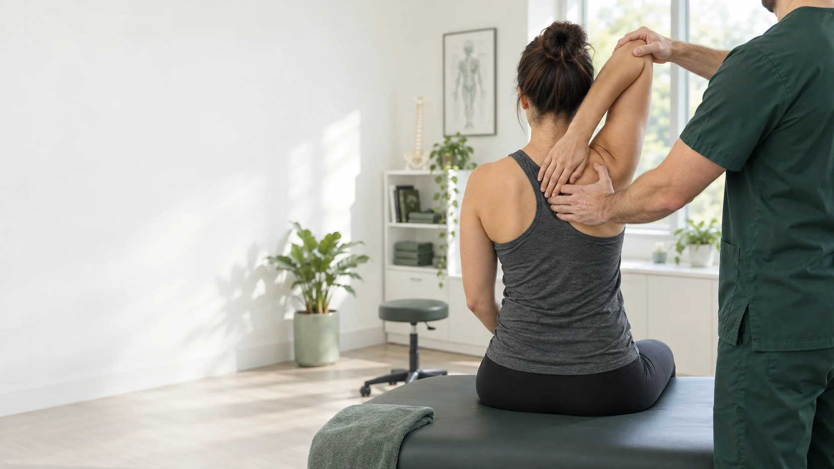 Therapist assessing shoulder movement in a bright modern allied-health clinic