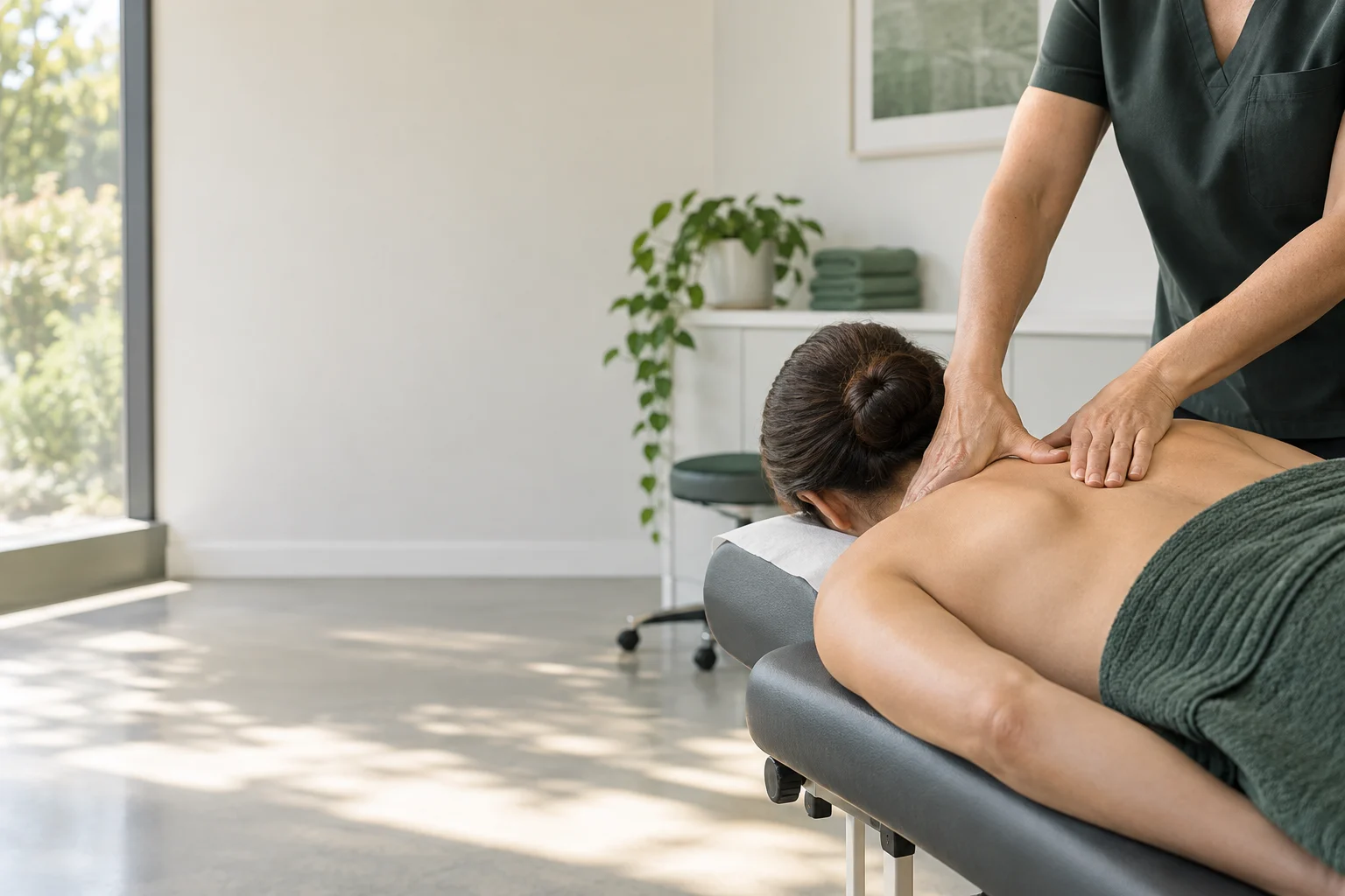 Remedial massage therapist treating a client's upper back in a modern Toorak clinic