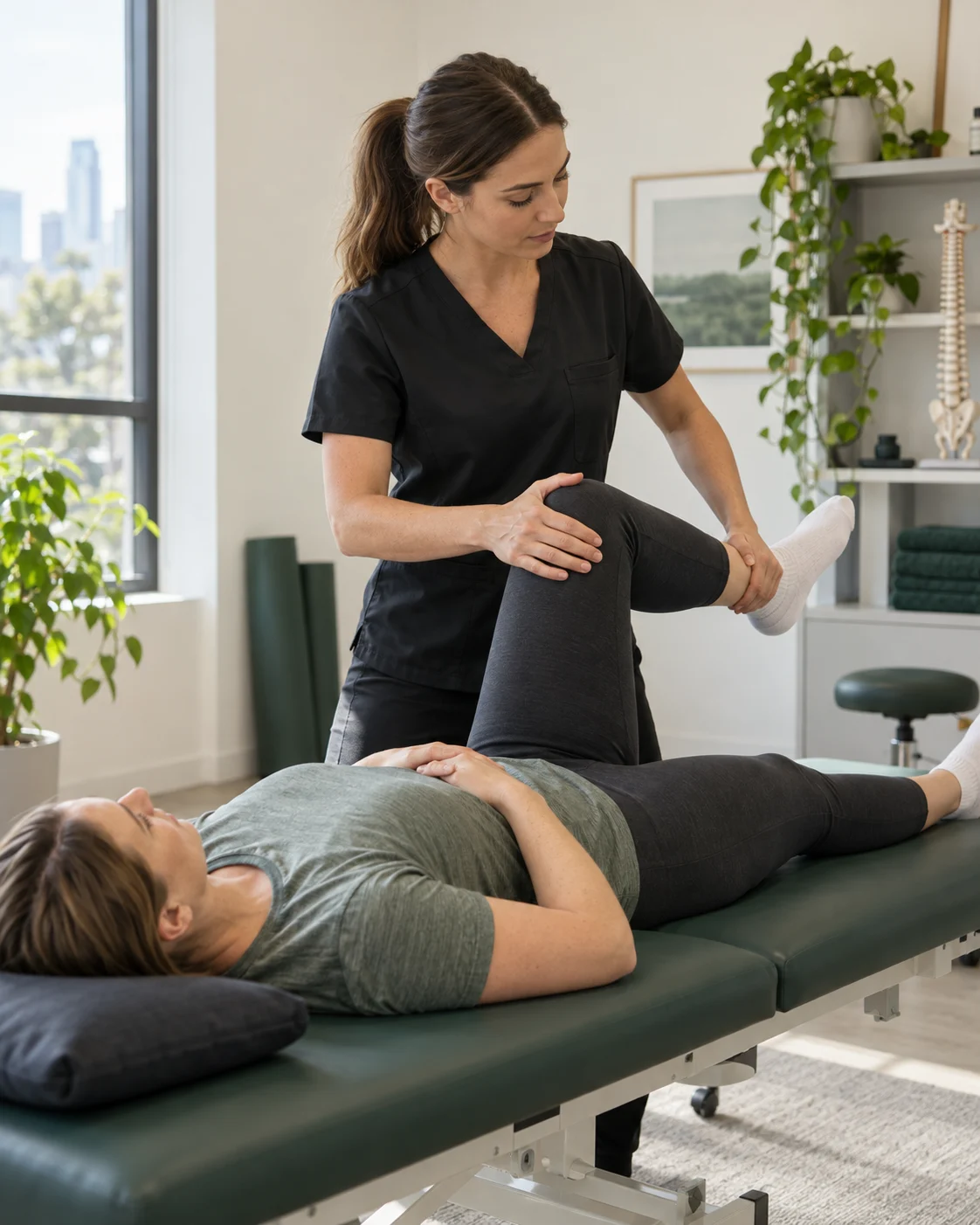 Therapist guiding a supported leg stretch in a modern allied-health treatment room