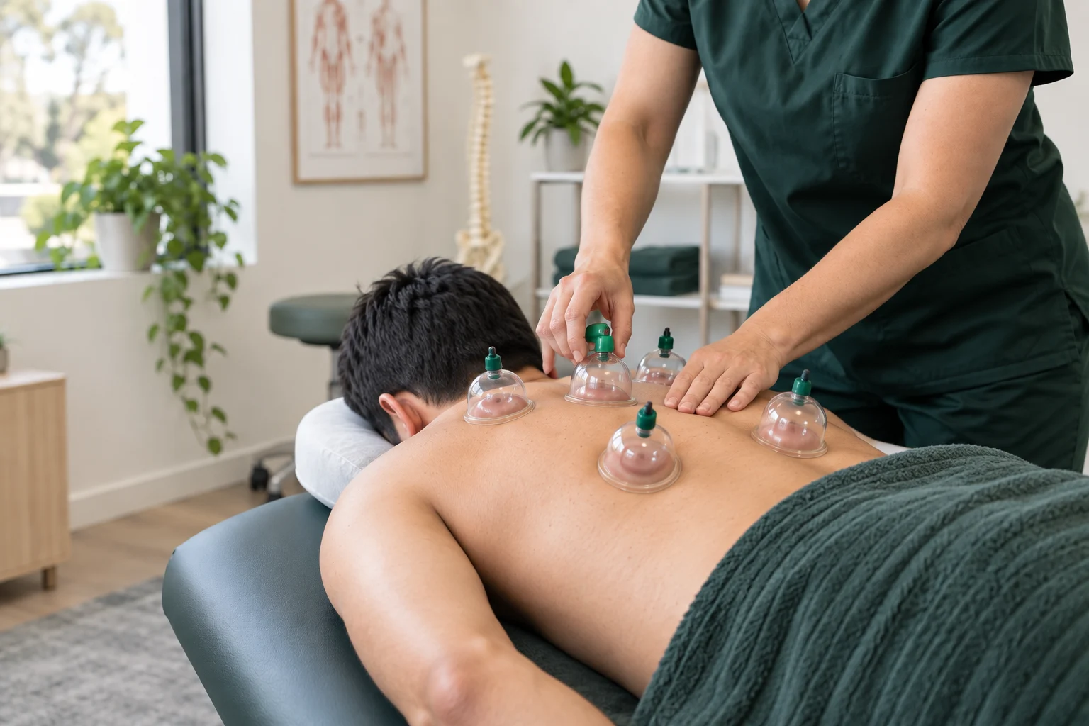 Therapist applying dry cupping treatment in a bright modern allied-health clinic
