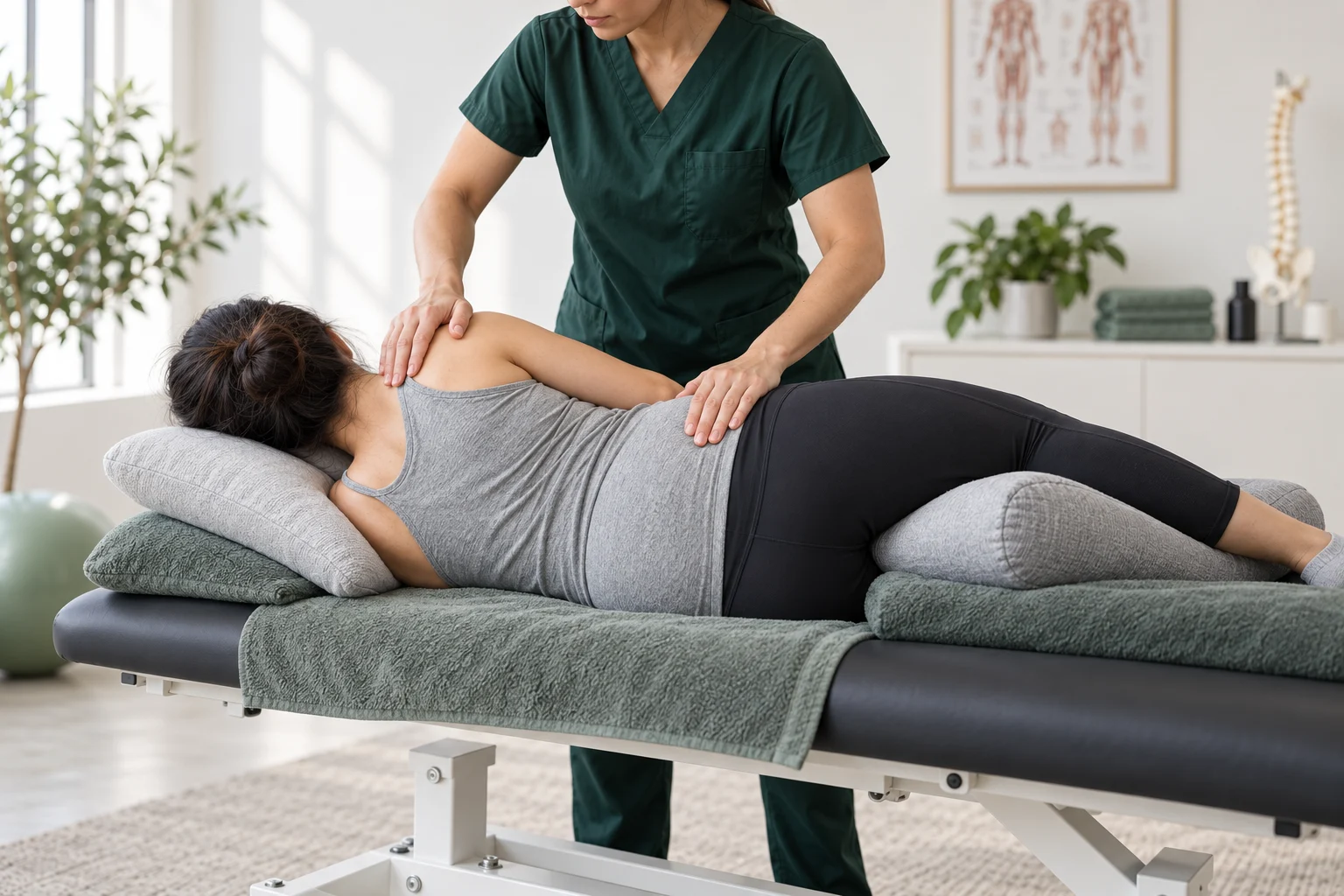 Pregnant client receiving supported side-lying massage in a modern allied-health clinic